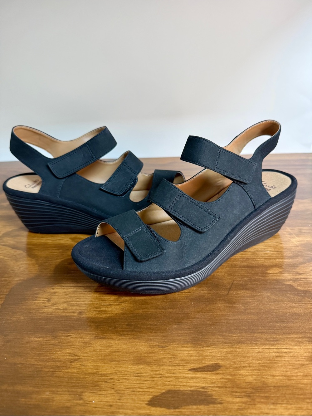 Clarks Black Nubuck Wedge Sandals with Triple Straps, Women’s 9